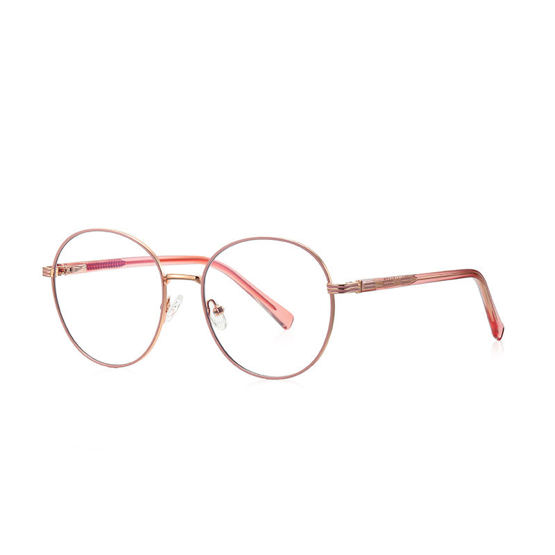Banded Hinge Metal Round Blue Light Blocking Glasses in Rose Gold with Blush Pink Enamel Rim