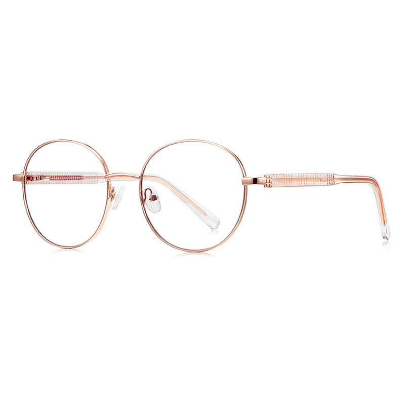 Grid-Texture Metal Round Blue Light Blocking Glasses in Rose Gold with Blush Pink Enamel Rim & Pink Grid Temples