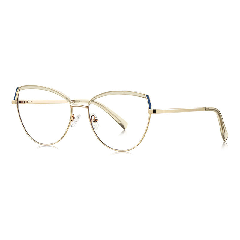 Contrast Brow Metal Cat Eye Blue Light Blocking Glasses in Gold with Royal Blue & White Contrast Brow