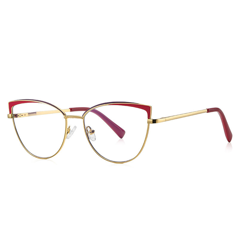 Two-Tone Brow Metal Cat Eye Blue Light Blocking Glasses in Crimson Red & Burgundy