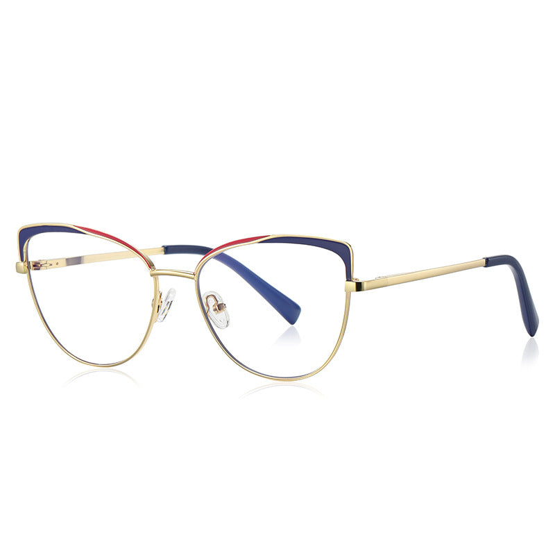 Striped Brow Butterfly Blue Light Blocking Glasses in Gold with Navy & Red Striped Brow
