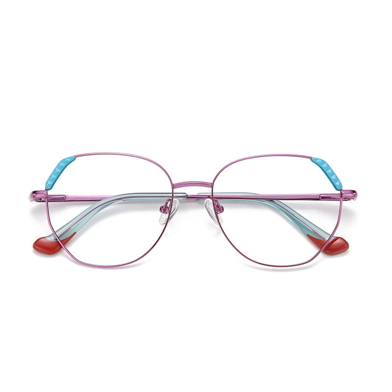 Pyramid Corner Metal Geometric Spring Hinge Blue Light Blocking Glasses in Metallic Rose and Turquoise with Red Dipped Tips