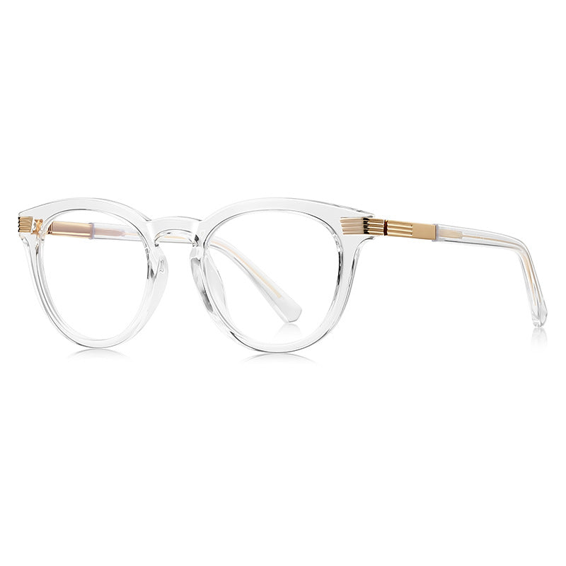 Ribbed Bar Round Blue Light Blocking Glasses in Crystal Clear Transparent with Gold Ribbed Bar Accents