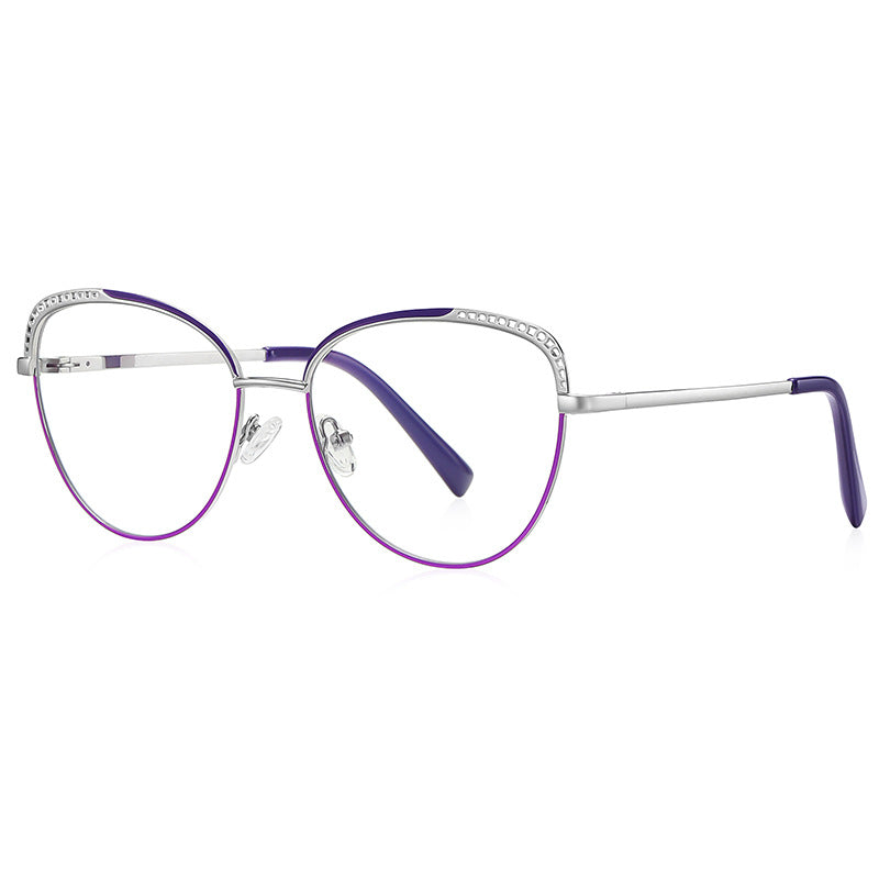 Beaded Brow Cat Eye Spring Hinge Blue Light Blocking Glasses in Royal Purple with Silver Frame