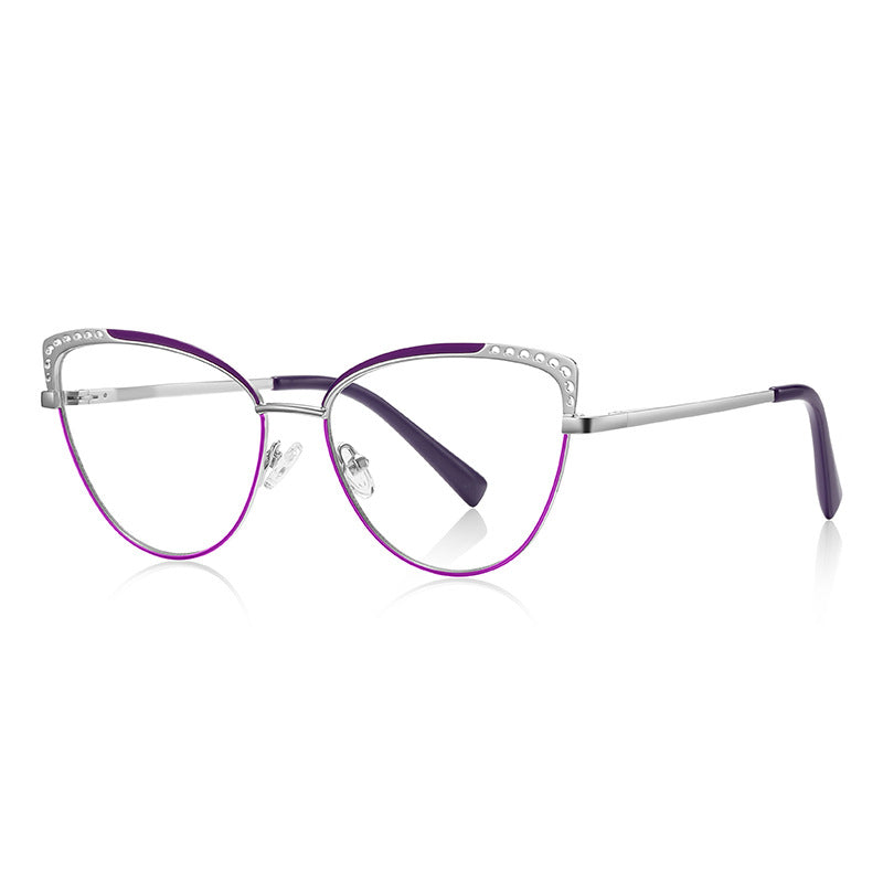 Rhinestone Wing Metal Cat Eye Spring Hinge Blue Light Blocking Glasses in Silver and Royal Purple