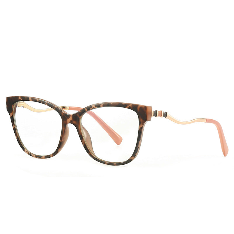 Serpentine Temple Cat Eye Spring Hinge Blue Light Blocking Glasses in Amber Tortoiseshell with Gold Serpentine Temples and Coral Pink Tips