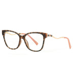 Serpentine Temple Cat Eye Spring Hinge Blue Light Blocking Glasses in Amber Tortoiseshell with Gold Serpentine Temples and Coral Pink Tips