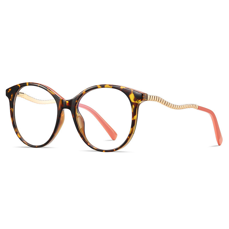 Wavy Metal Temple Round Blue Light Blocking Glasses in Amber Leopard Tortoiseshell & Gold