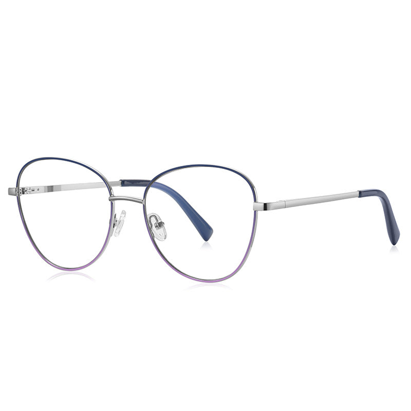 Gradient Rim Metal Round Blue Light Blocking Glasses in Silver Metal with Cobalt Blue to Silver Gradient Rim