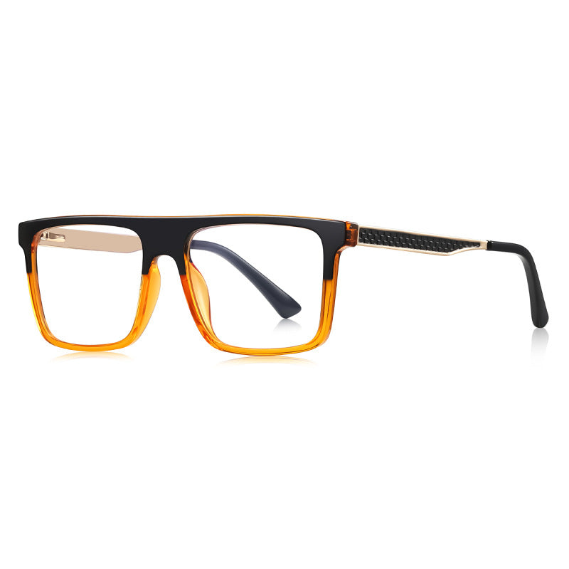Mesh Temple Navigator Blue Light Blocking Glasses in Solid Black & Amber Two-Tone with Gold Mesh Temples