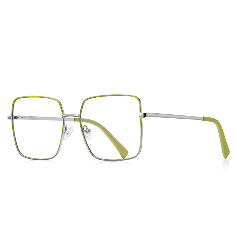Slim Metal Square Blue Light Blocking Glasses in Silver with Lime Green Enamel Rim