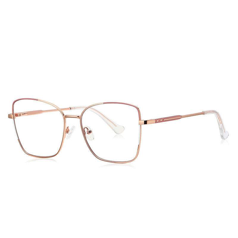 Colorblock Metal Butterfly Blue Light Blocking Glasses in Rose Gold with Berry Red Enamel