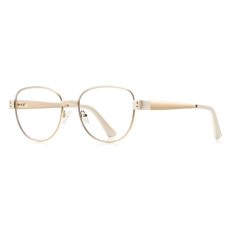 Dual Rivet Metal Round Blue Light Blocking Glasses in Pale Gold & Cream White