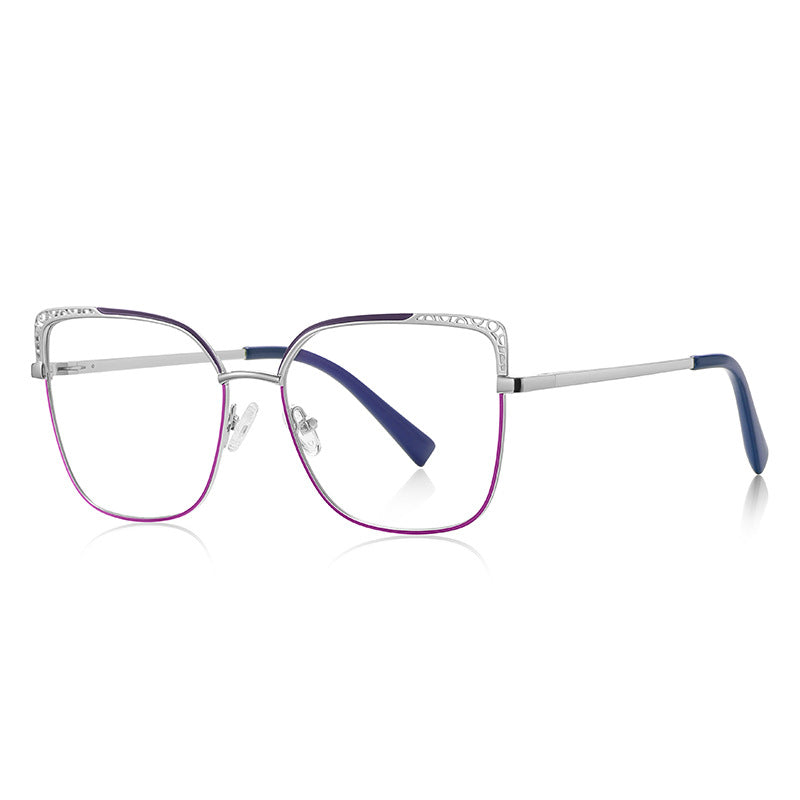 Filigree Corner Metal Butterfly Spring Hinge Blue Light Blocking Glasses in Polished Silver and Midnight Navy with Magenta Accent