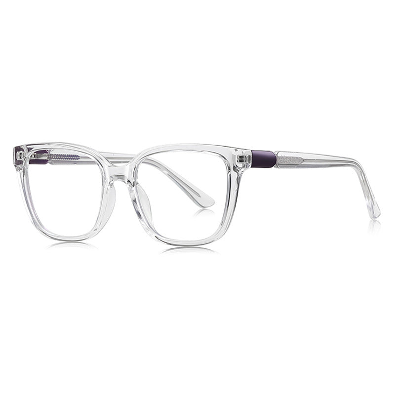 Barrel Hinge Square Blue Light Blocking Glasses in Crystal Clear with Purple Barrel Hinge