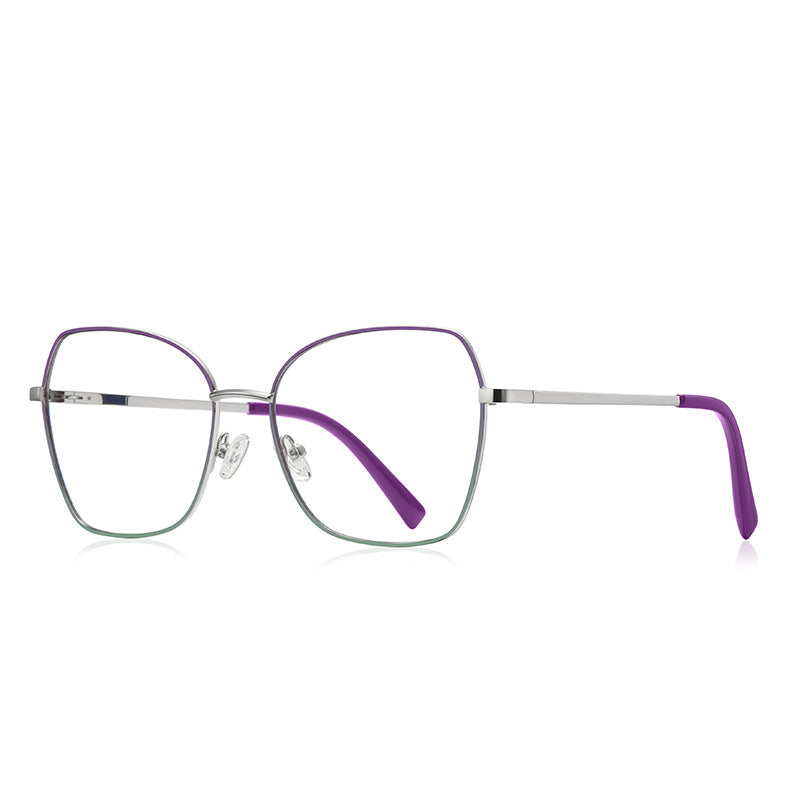 Enamel Browline Metal Butterfly Spring Hinge Blue Light Blocking Glasses in Polished Silver with Purple Enamel