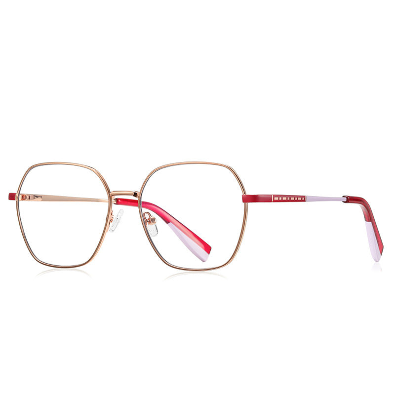 Colorblock Temple Geometric Square Spring Hinge Blue Light Glasses in Rose Gold with Crimson Red and Lilac Temples