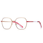 Colorblock Temple Geometric Square Spring Hinge Blue Light Glasses in Rose Gold with Crimson Red and Lilac Temples