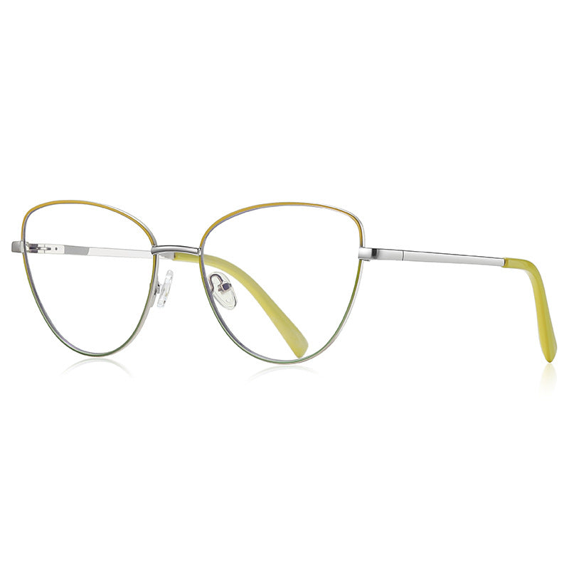 Enamel Rim Metal Cat Eye Blue Light Blocking Glasses in Silver with Lime Green Enamel Rim