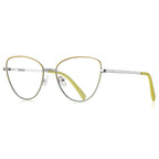 Enamel Rim Metal Cat Eye Blue Light Blocking Glasses in Silver with Lime Green Enamel Rim
