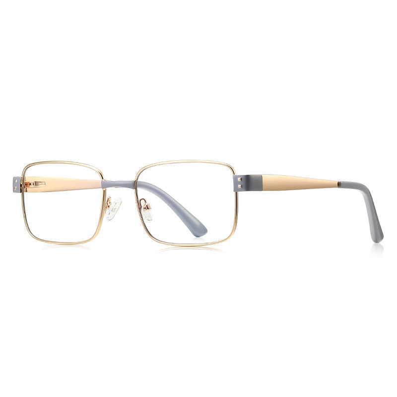 Dual Rivet Metal Rectangle Blue Light Blocking Glasses in Gold with Grey Bridge & Endpiece Blocks