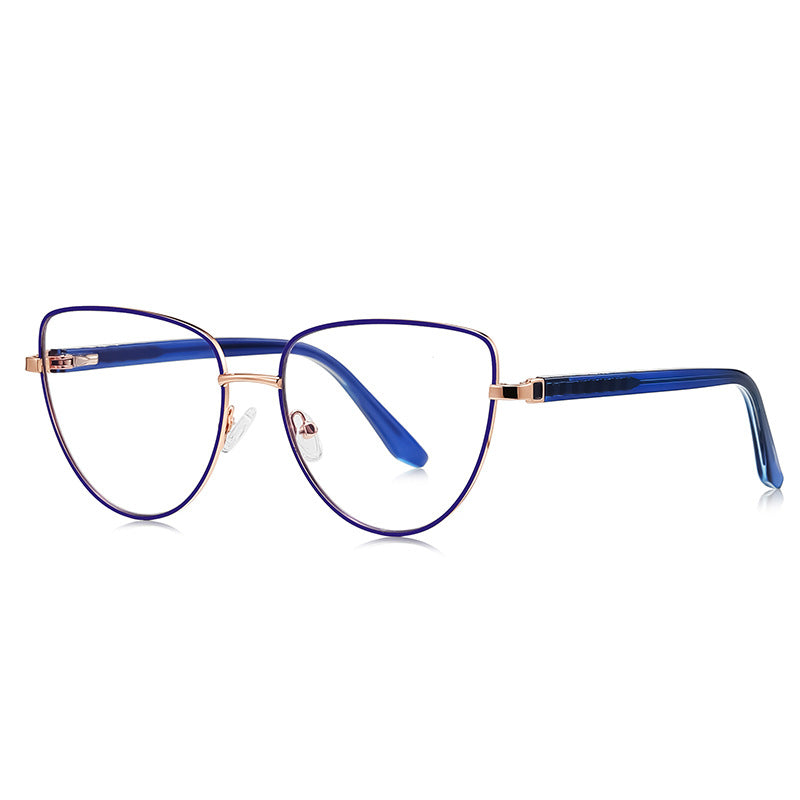 Ladder Temple Metal Cat Eye Blue Light Blocking Glasses in Gold with Royal Blue Enamel Rim