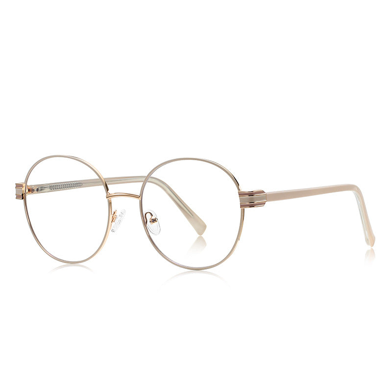 Fluted Hinge Metal Round Blue Light Blocking Glasses in Pale Gold with Cream Tips