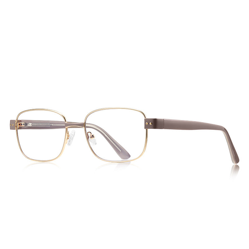 Block Hinge Metal Square Blue Light Blocking Glasses in Gold with Taupe Grey Temples
