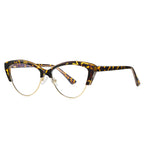 Metal Rim Browline Cat Eye Blue Light Blocking Glasses in Amber Leopard Tortoiseshell & Gold