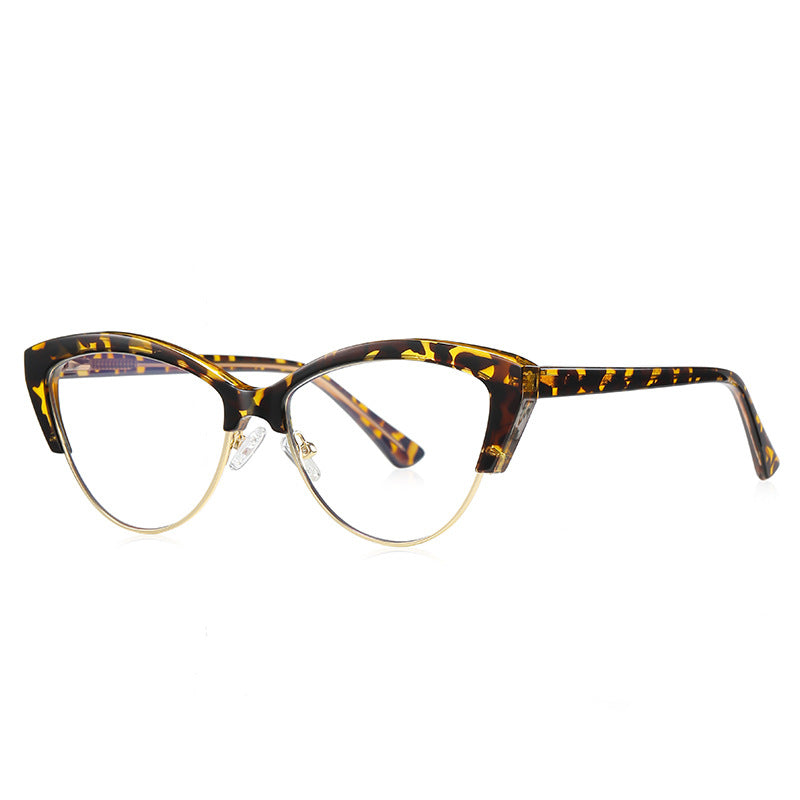 Metal Rim Browline Cat Eye Blue Light Blocking Glasses in Amber Leopard Tortoiseshell & Gold