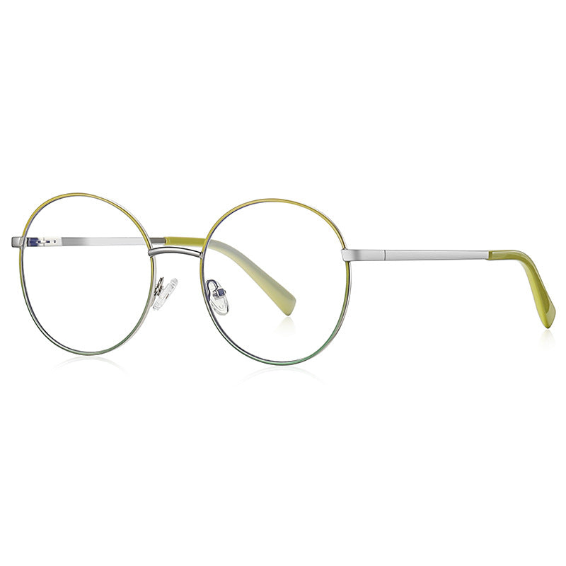 Enamel Rim Round Metal Blue Light Blocking Glasses in Silver & Lime Yellow Rim
