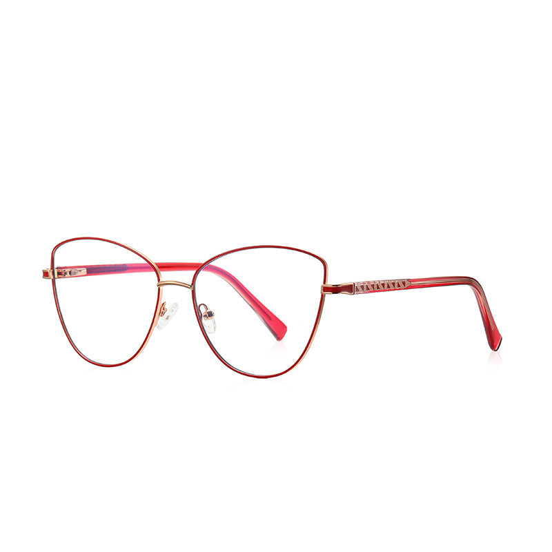 Geometric Lattice Metal Cat Eye Spring Hinge Blue Light Blocking Glasses in Rose Gold and Crimson Red