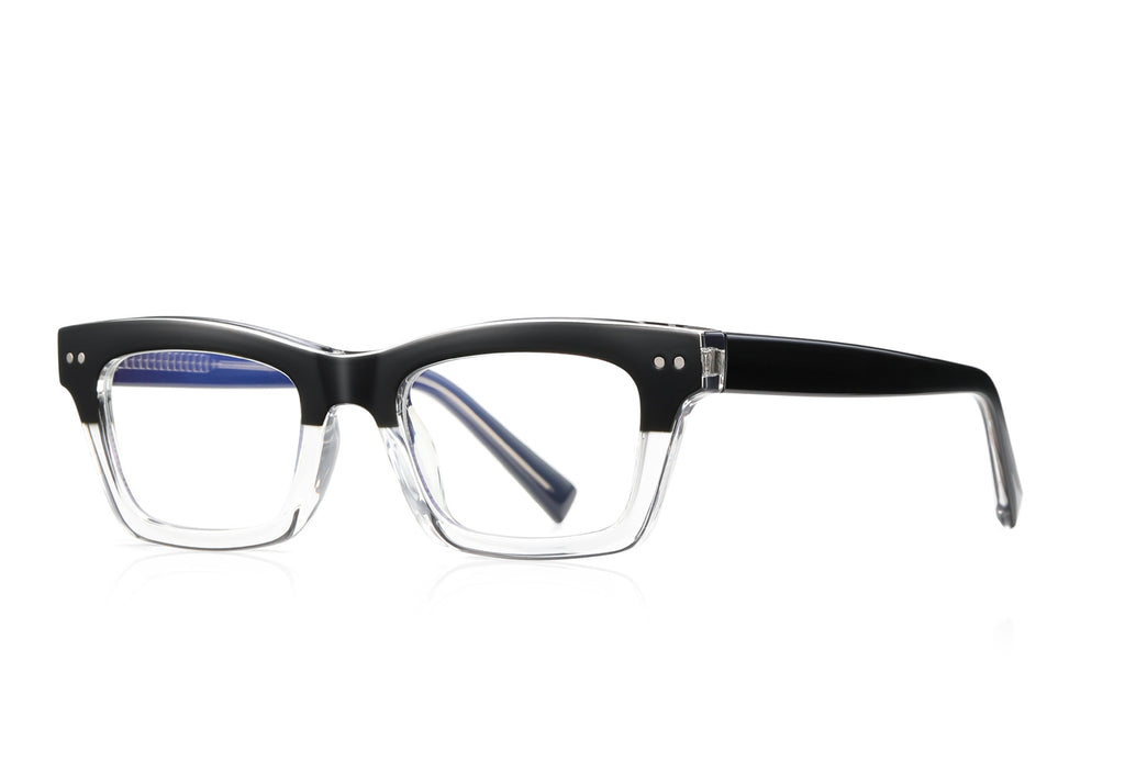 Dual Rivet Rectangle Blue Light Blocking Glasses in Black &amp; Clear Two-Tone