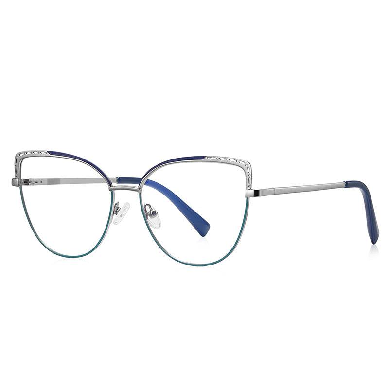 Eyelet Brow Metal Cat Eye Spring Hinge Blue Light Blocking Glasses in Polished Silver with Cobalt Navy Enamel Brow, Cutout Eyelet Wings, and Teal Green Gradient Lower Rim