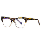 Wire Rim Browline Cat Eye Blue Light Blocking Glasses in Amber Leopard Tortoiseshell & Gold