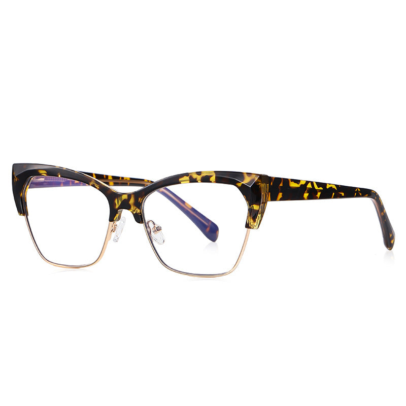 Wire Rim Browline Cat Eye Blue Light Blocking Glasses in Amber Leopard Tortoiseshell & Gold