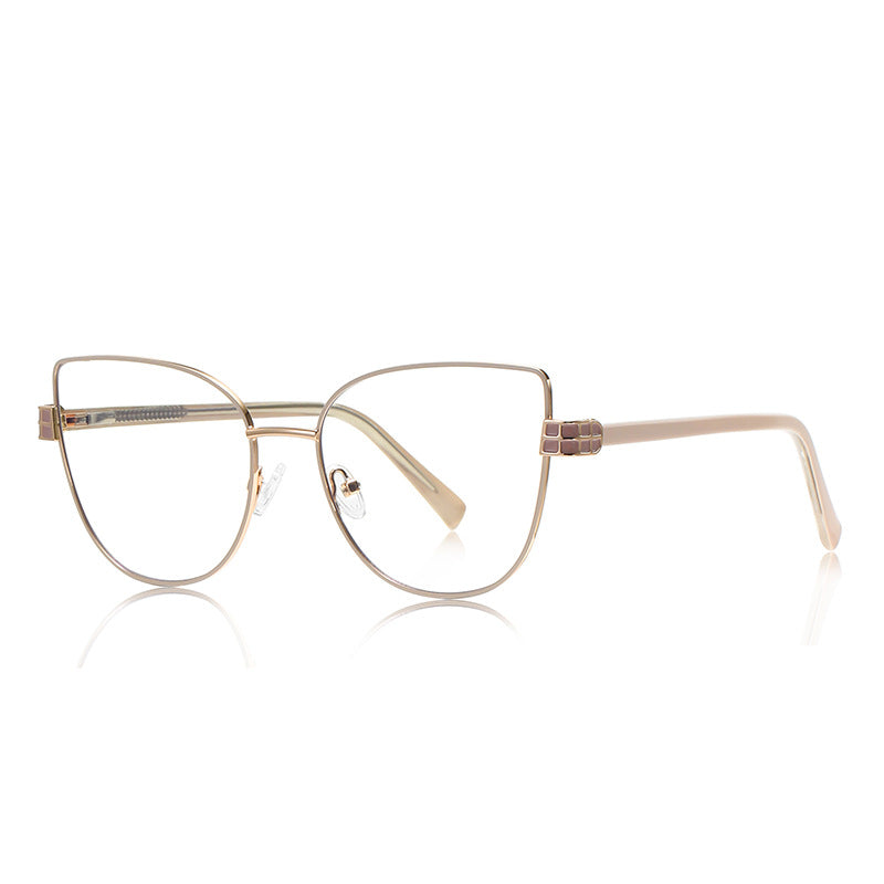 Grid Hinge Metal Cat Eye Blue Light Blocking Glasses in Rose Gold with Blush Pink Enamel Rim