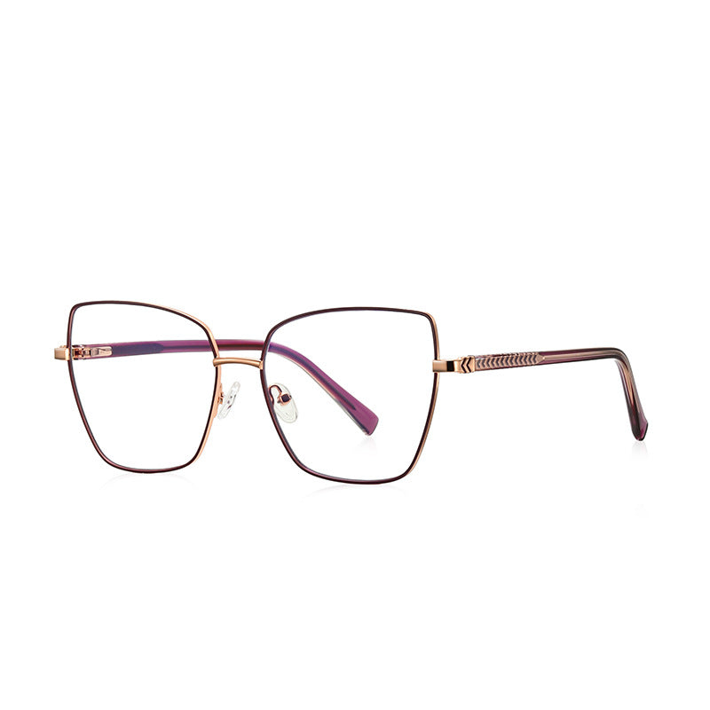 Chevron Band Metal Cat Eye Spring Hinge Blue Light Blocking Glasses in Plum Purple with Gold Bridge & Chevron Temples