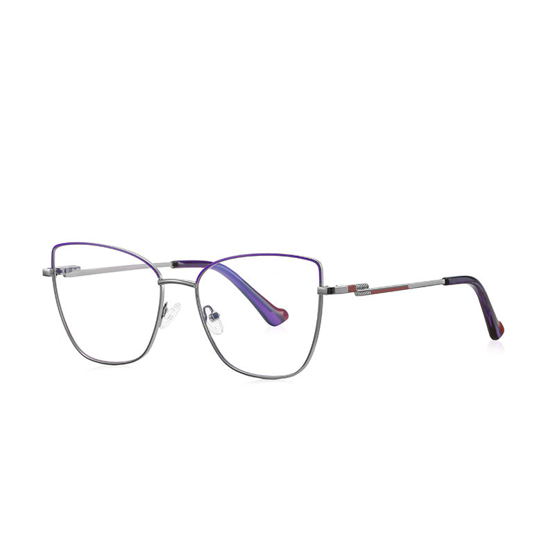 Banded Hinge Metal Butterfly Spring Hinge Blue Light Blocking Glasses in Silver with Royal Violet Browline and Purple Tips