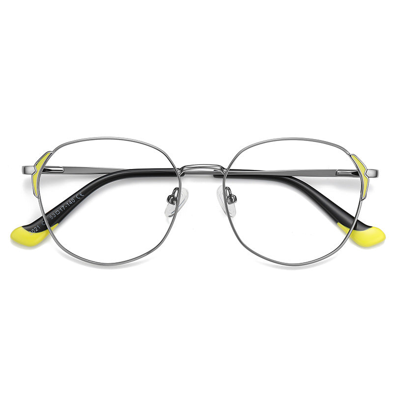 Dipped Tip Metal Round Blue Light Blocking Glasses in Gunmetal with Chartreuse Yellow Winged Accents & Black/Yellow Dipped Tips