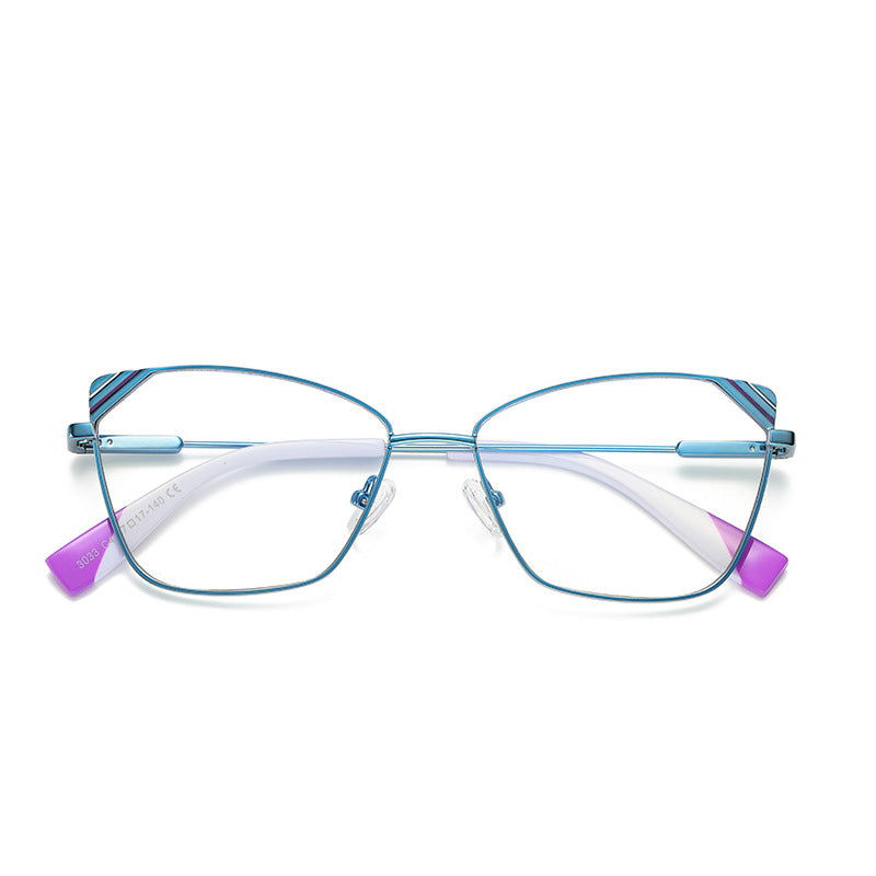 Striped Corner Metal Butterfly Spring Hinge Blue Light Blocking Glasses in Metallic Teal Blue with Purple Striped Corners and White & Magenta Tips