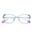 Striped Corner Metal Butterfly Spring Hinge Blue Light Blocking Glasses in Metallic Teal Blue with Purple Striped Corners and White & Magenta Tips
