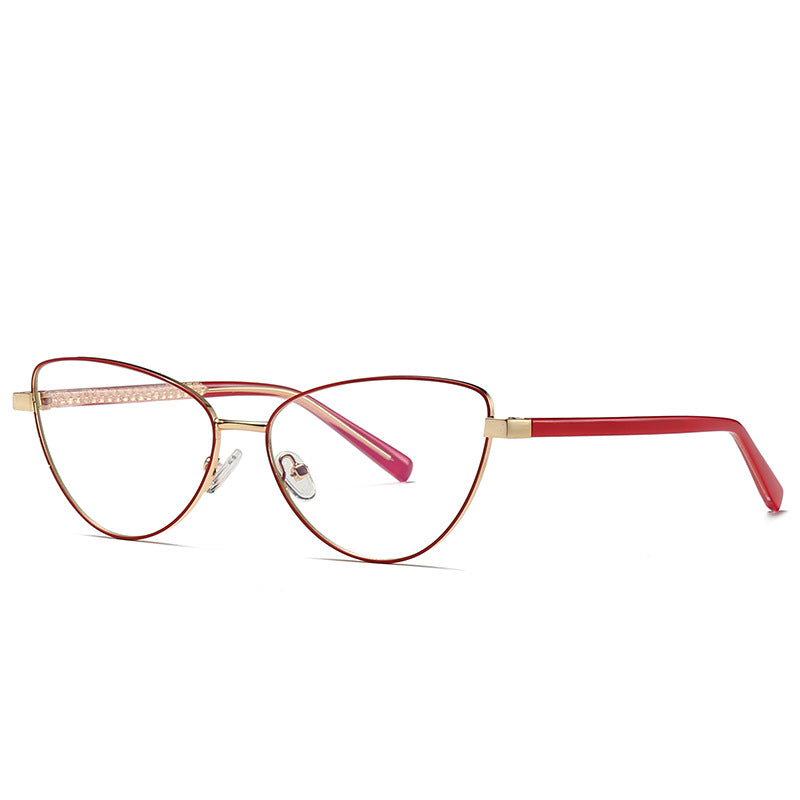Crystal Browbar Metal Cat Eye Blue Light Blocking Glasses in Red Gold