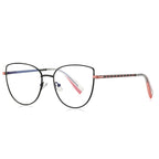 LENSVA Checkered Temple Metal Cat Eye Spring Hinge Glasses in Matte Black & Pink
