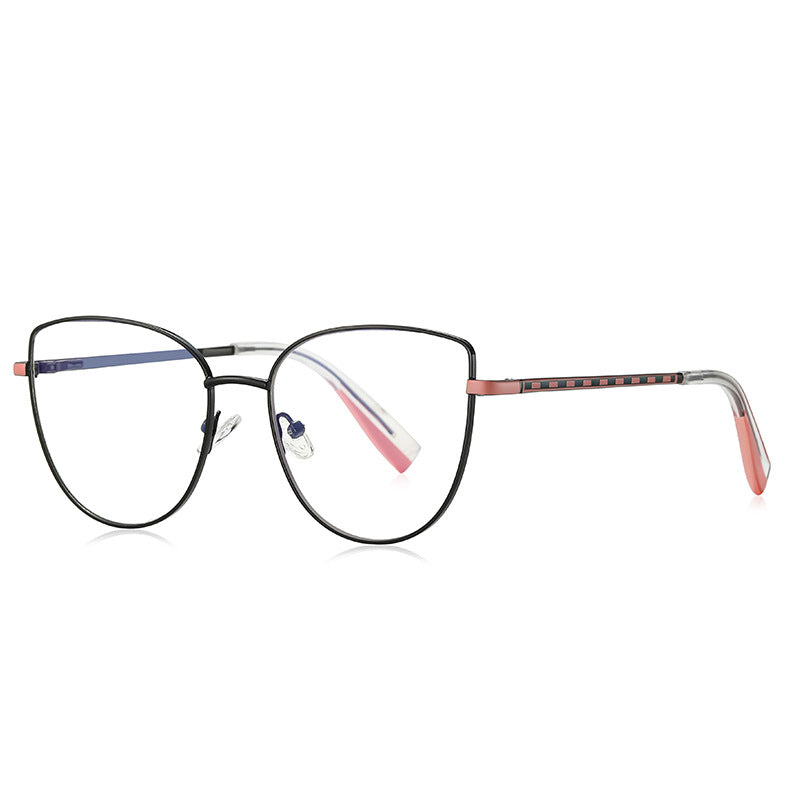 LENSVA Checkered Temple Metal Cat Eye Spring Hinge Glasses in Matte Black & Pink