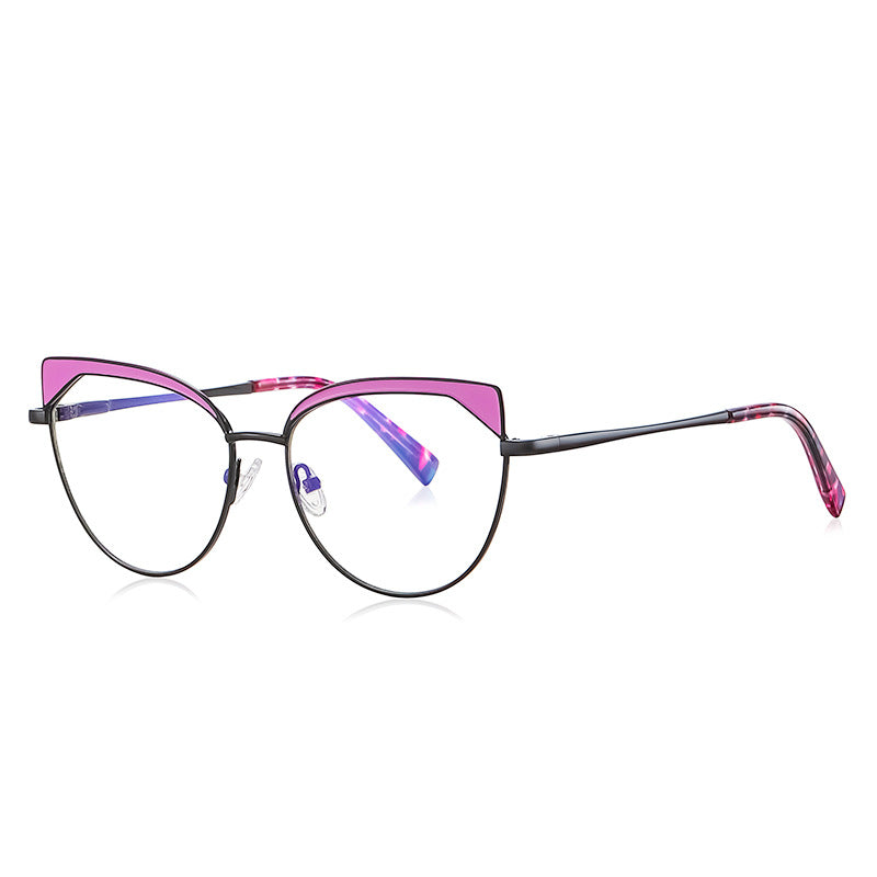 Triangle Wing Metal Cat Eye Blue Light Blocking Glasses in Matte Black with Magenta Triangle Wingtips
