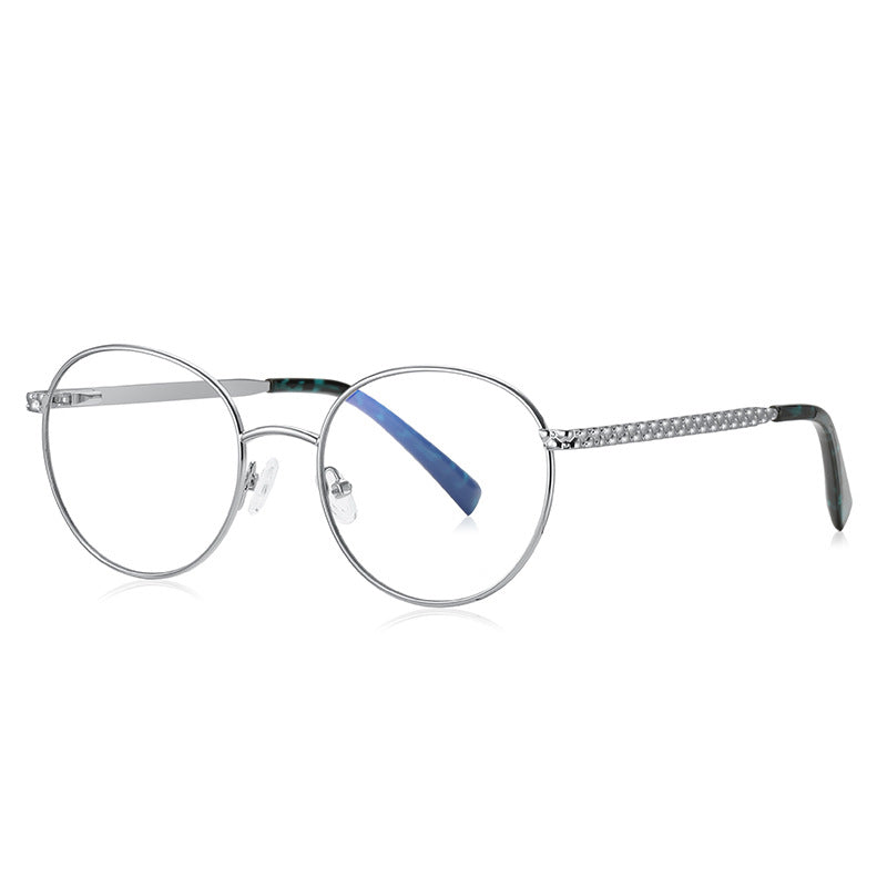 Chain-Link Temple Round Blue Light Blocking Glasses in Silver