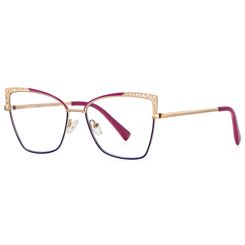 Filigree Wing Butterfly Blue Light Blocking Glasses in Gold with Ruby Red Brow & Cobalt Blue Rim