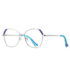 Fluted Corner Metal Butterfly Spring Hinge Blue Light Blocking Glasses in Polished Silver and Cobalt Blue with Turquoise Tips