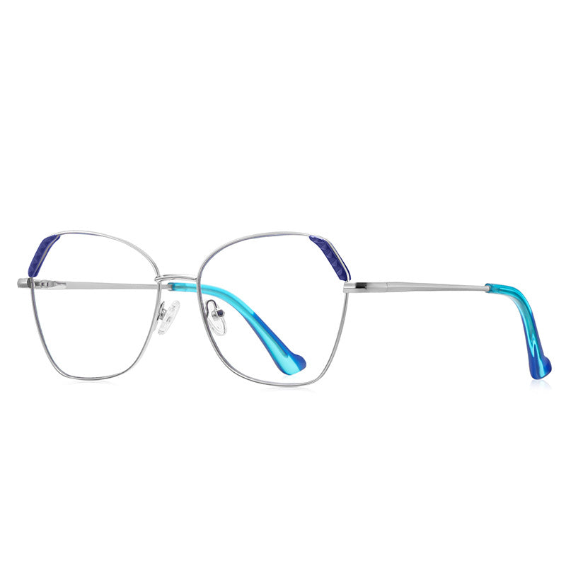 Fluted Corner Metal Butterfly Spring Hinge Blue Light Blocking Glasses in Polished Silver and Cobalt Blue with Turquoise Tips